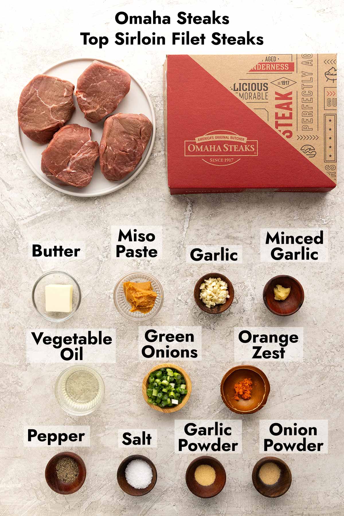 List of steak recipe ingredients spread out with labels.