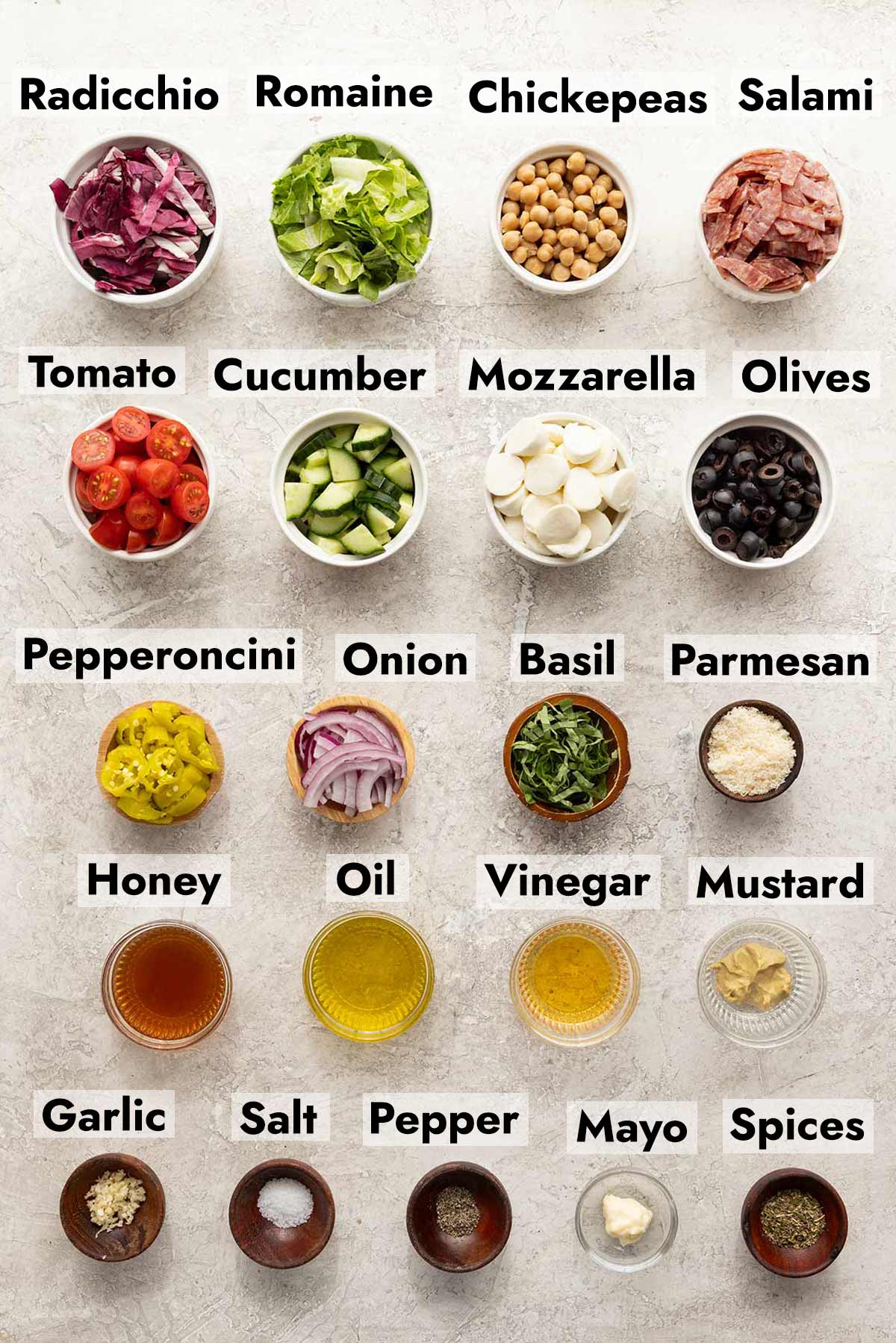 List of ingredients needed to make this Italian chopped salad recipe at home.