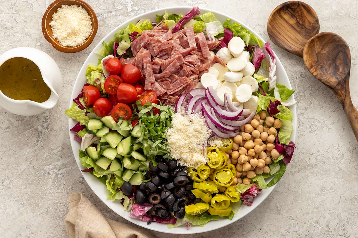 Italian chopped salad before mixing all the ingredients together.