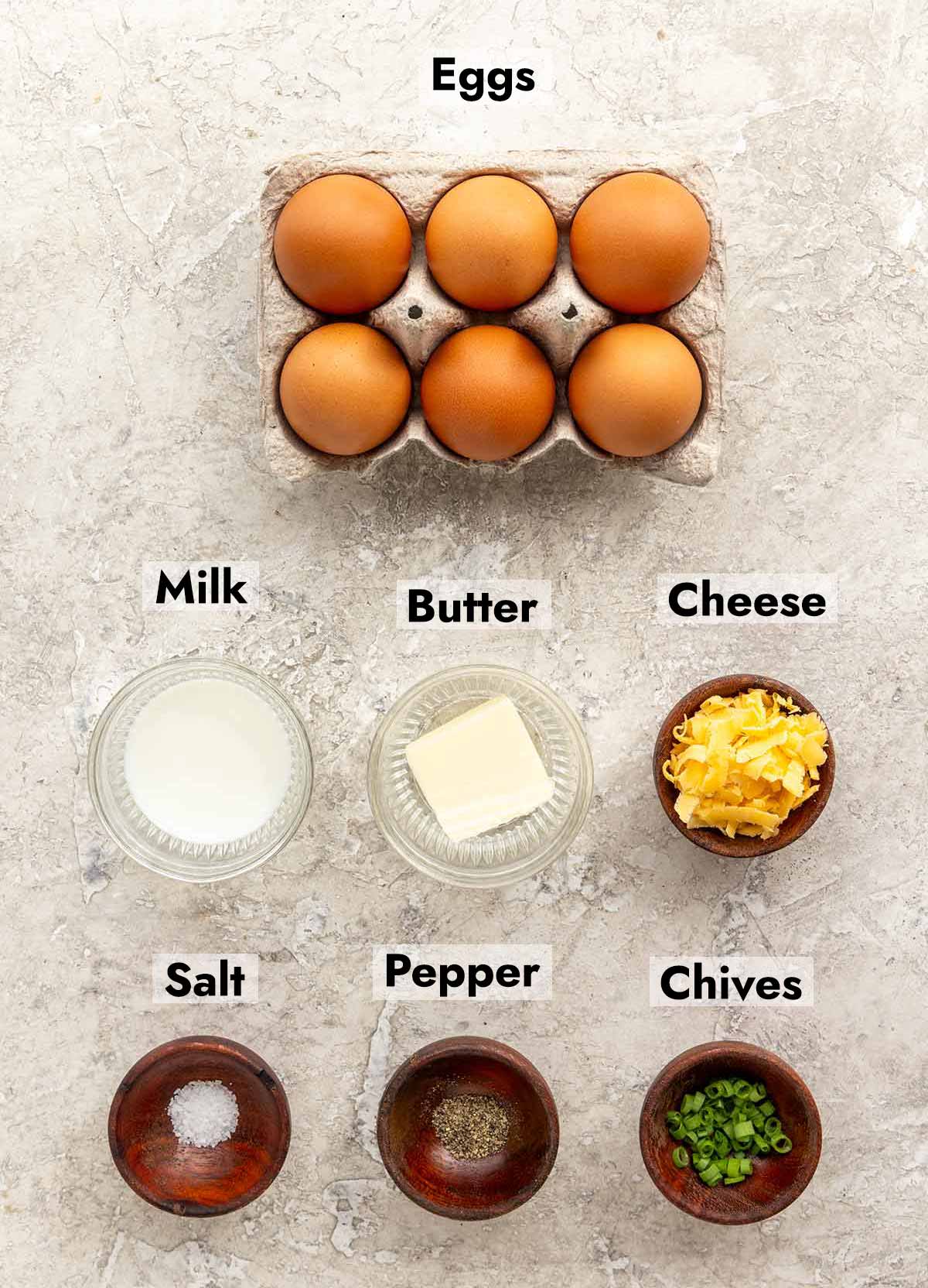 List of ingredients with images needed to make this American omelet recipe.