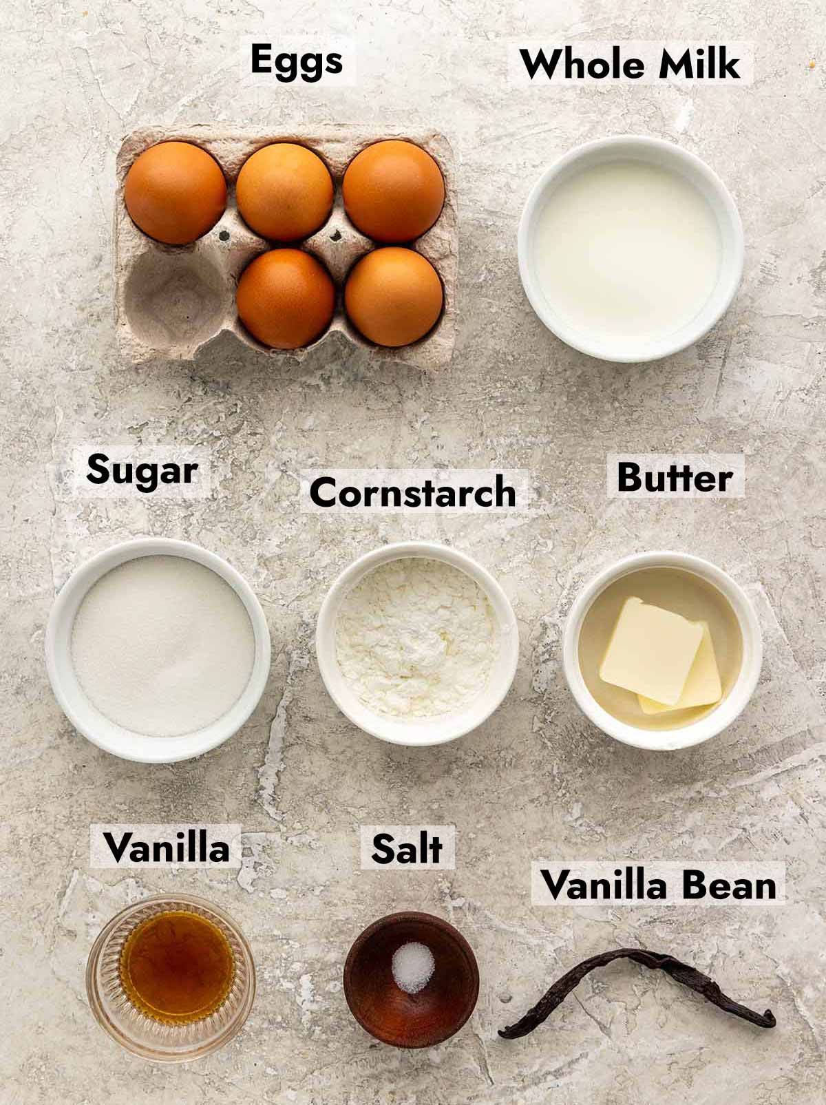 List of ingredients needed to make this pastry cream recipe at home.