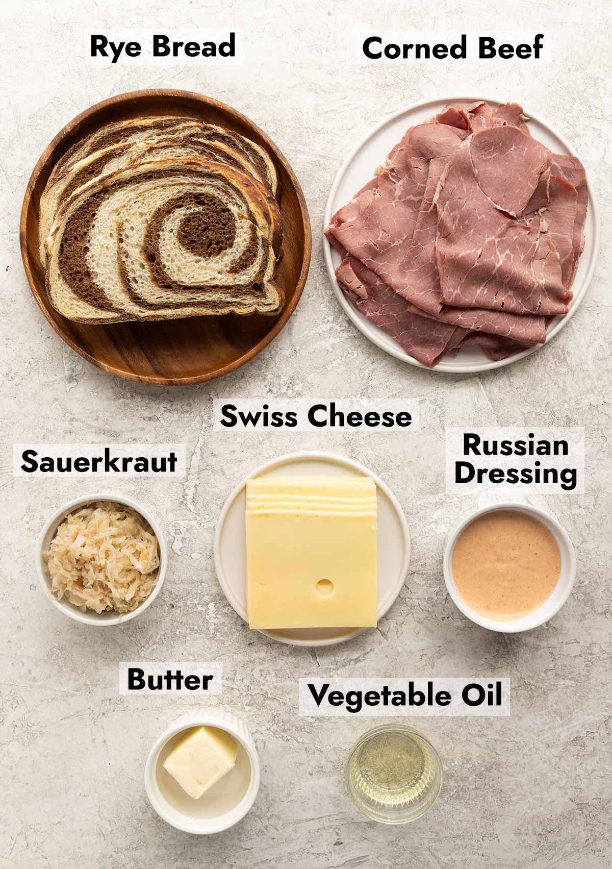 List of ingredients and images used to make this Reuben sandwich at home.