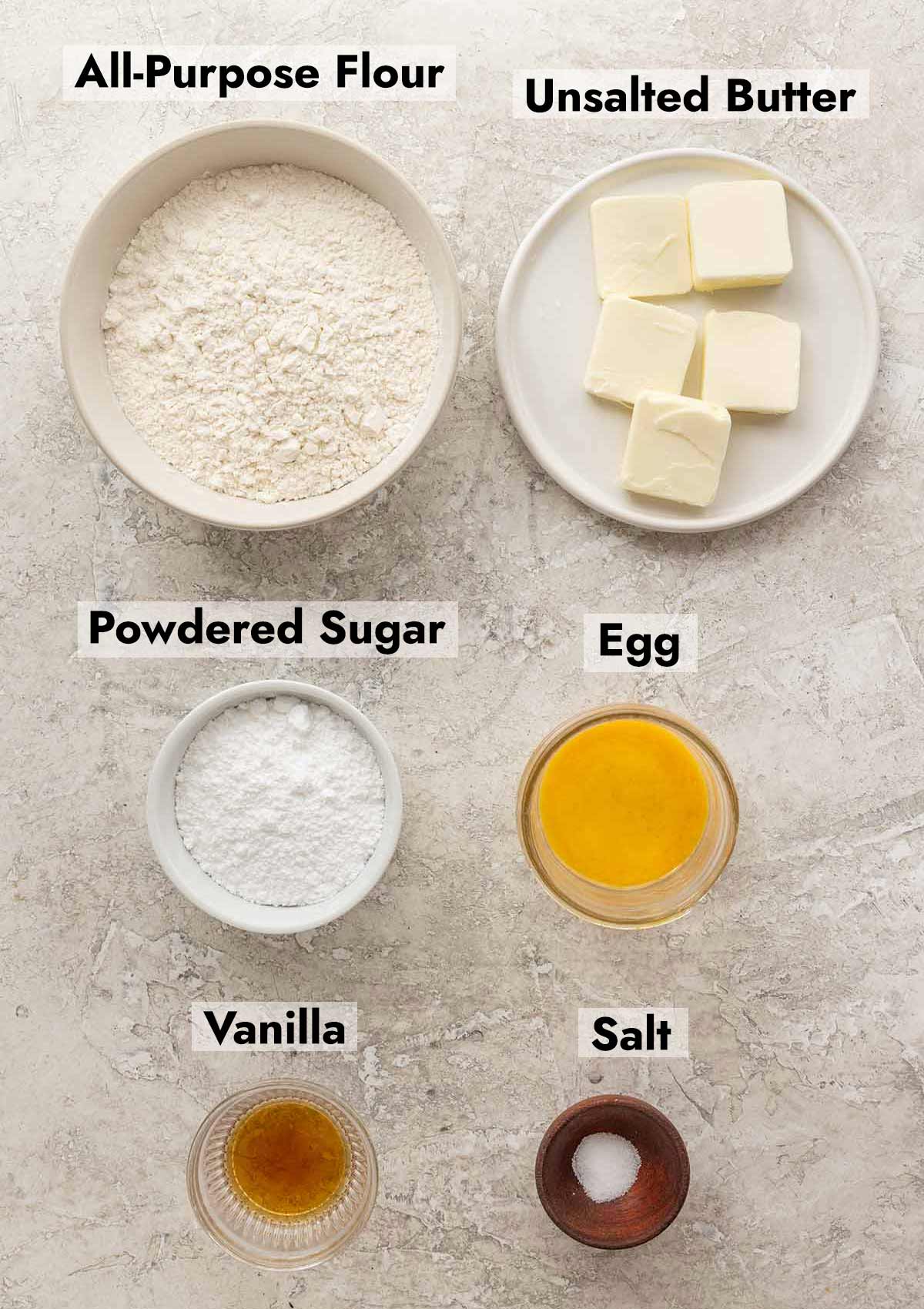 List of ingredients needed to make this tart crust recipe at home.