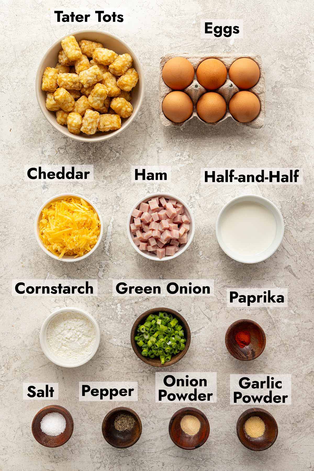 List of ingredients needed to make this tater tot breakfast casserole recipe.