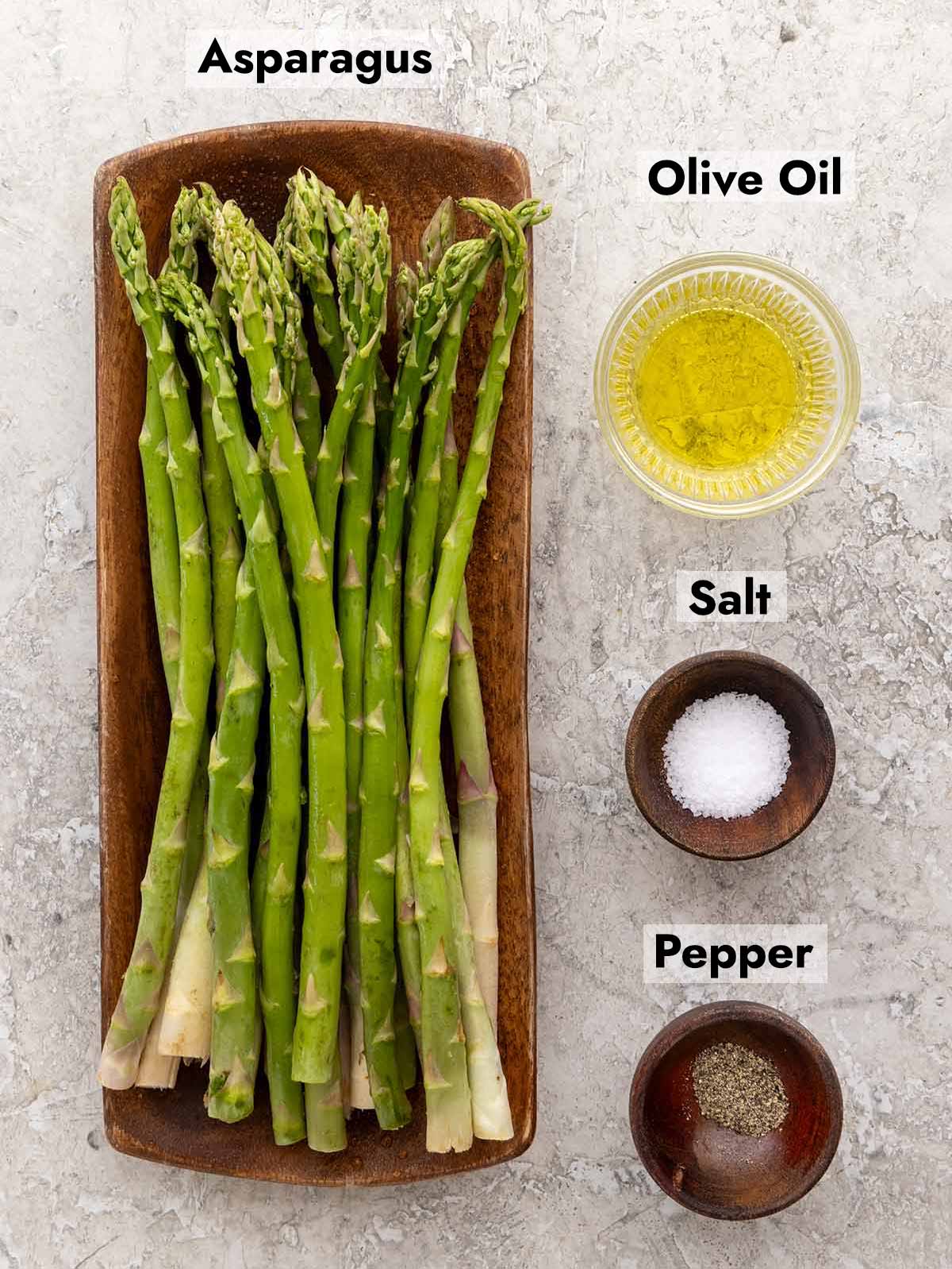 List of simple ingredients needed to cook asparagus at home.
