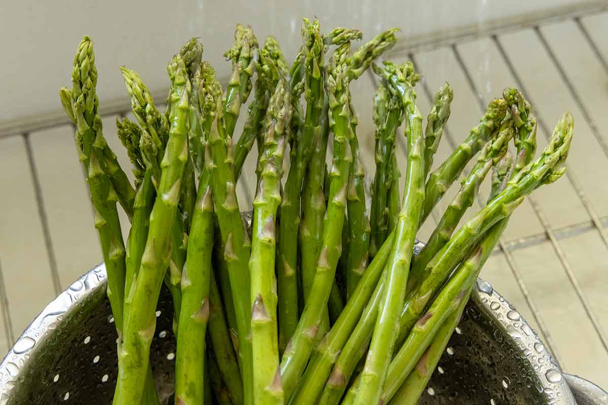 Asparagus in a colander under running water.