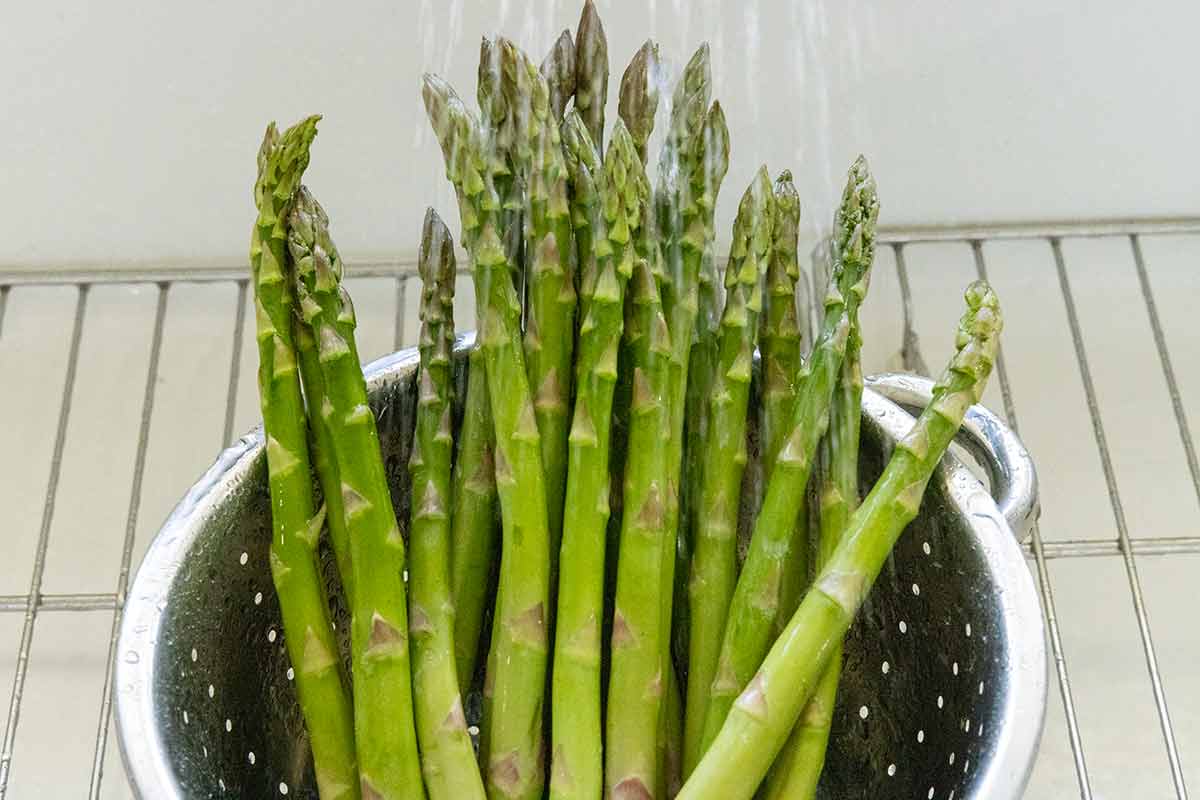 A bunch of asparagus in a colander being rinsed with water.
