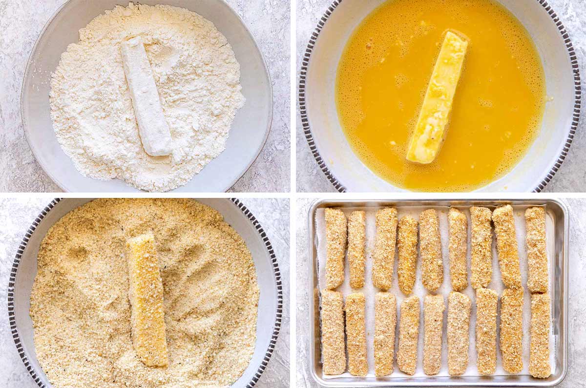 Compilation of photos showing a cheese stick dipped in flower, eggs, breadcrumbs, then placed on a sheet tray.