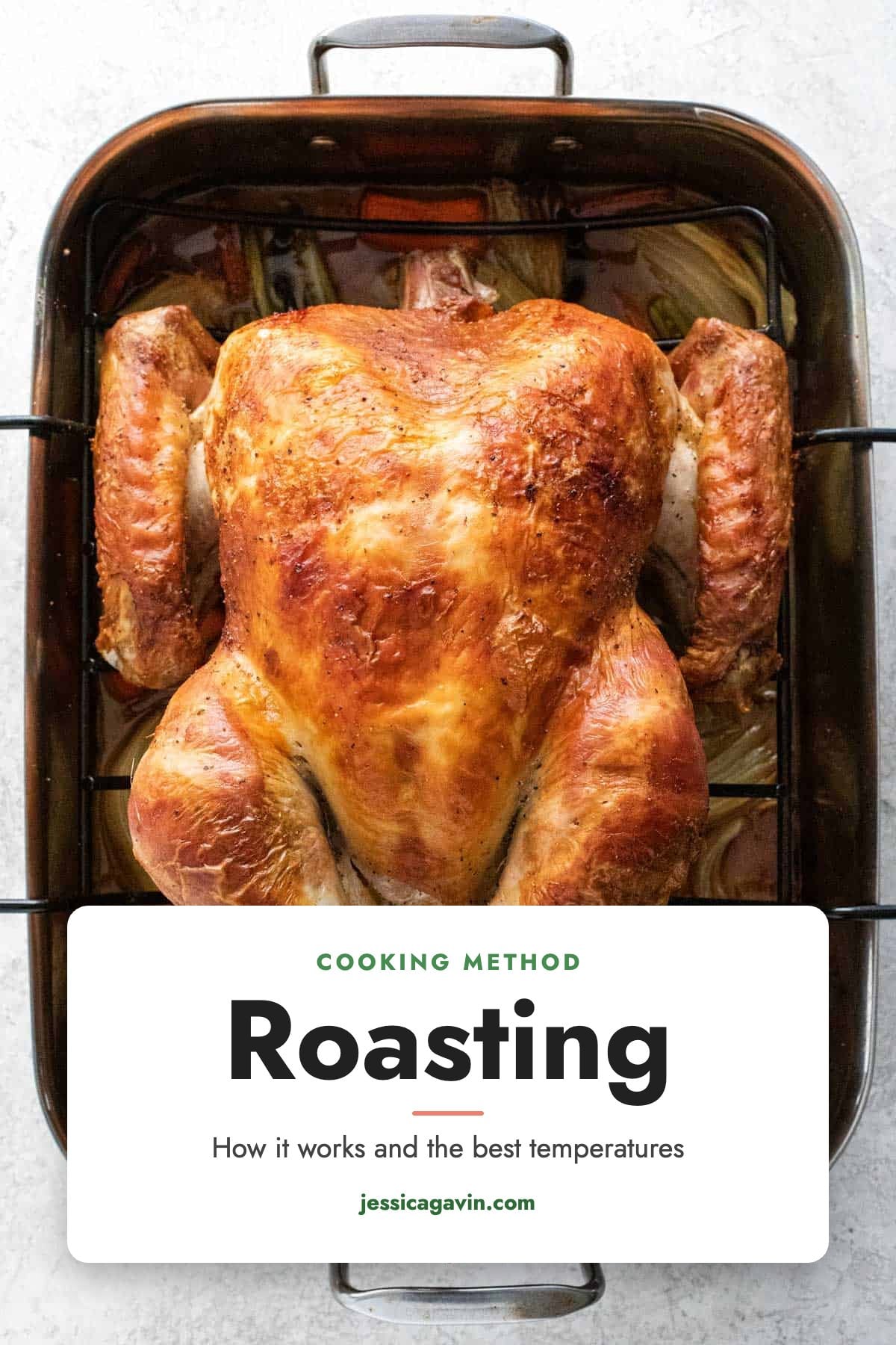 Golden brown roast turkey on a rack in a roasting pan.