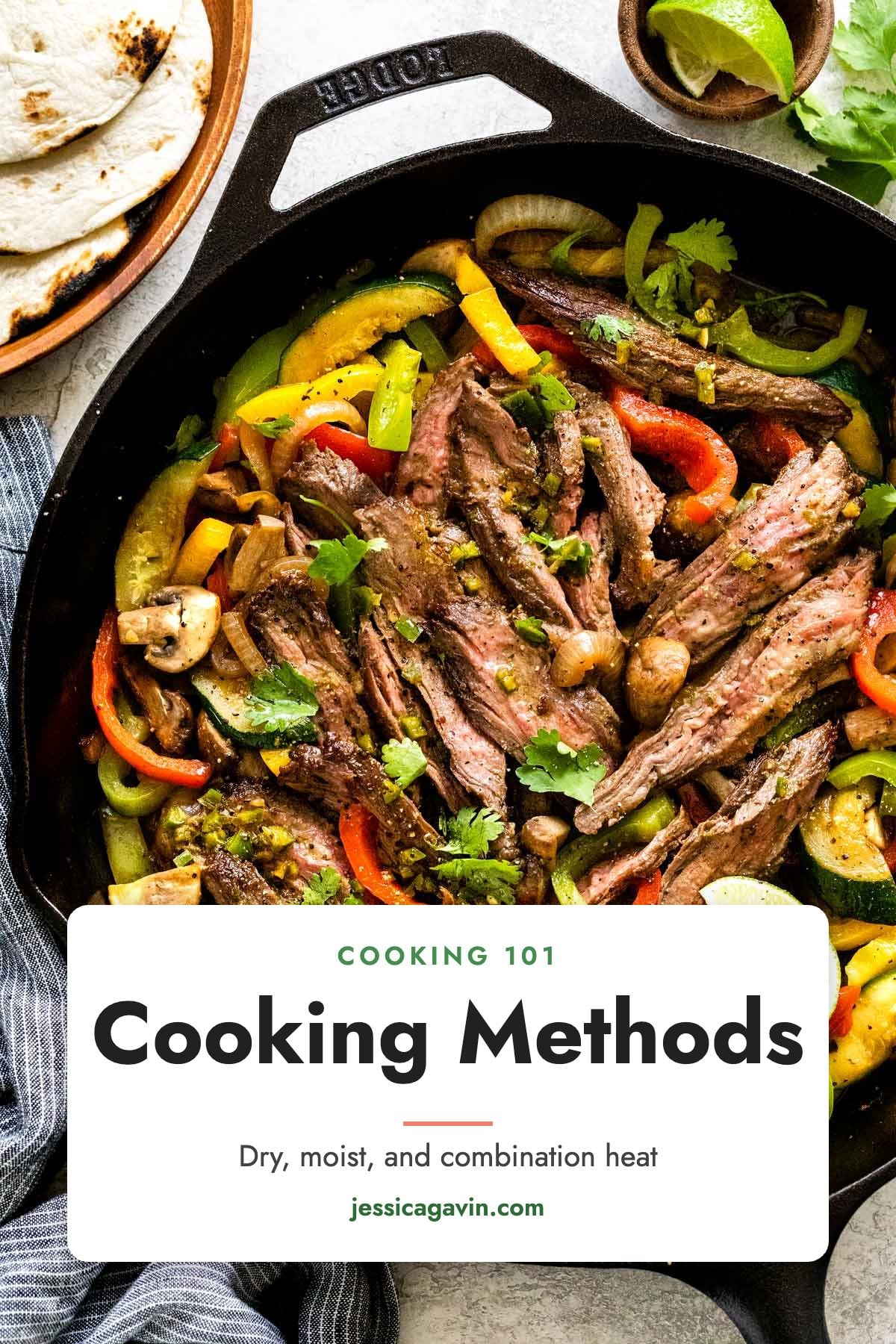 Sliced steak with peppers, onions, and mushrooms sizzling in a cast iron skillet.